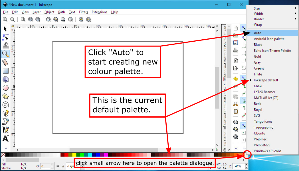 Screen shot of Inkscape window showing the colour palette location