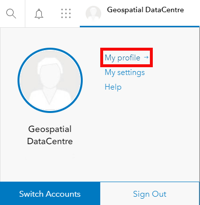 Illustration of the where to access My Profile on ArcGIS Online
