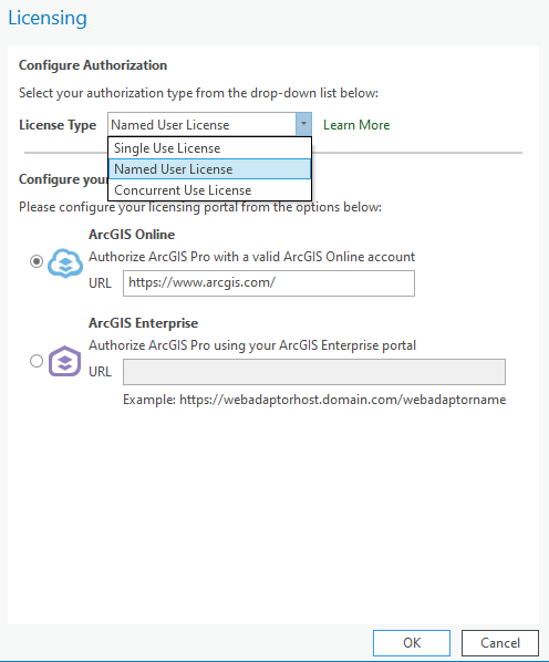 Dialogue box for authorizing ArcGIS Pro with Named User type license