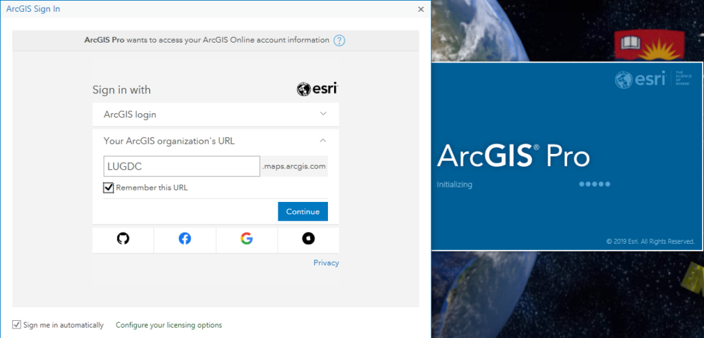 Login in screen for ArcGIS using the LUGDC organization.