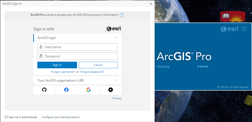 The default ArcGIS Pro login screen asking for Username and password.
