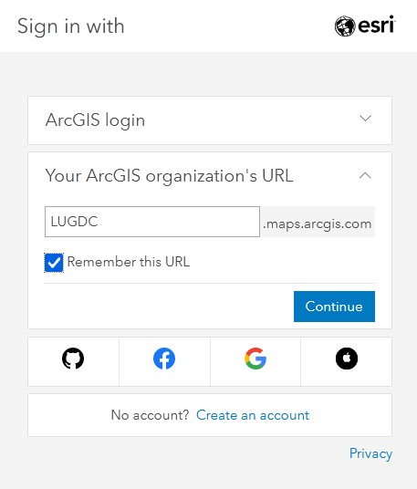 Screenshot of the ArcGIS Online login dialogue showing the organization URL for the Lakehead University Geospatial Data Centre.