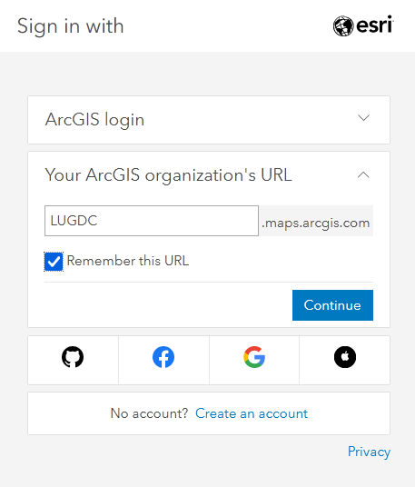 Screenshot showing the LUGDC URL for our ArcGIS Online organization