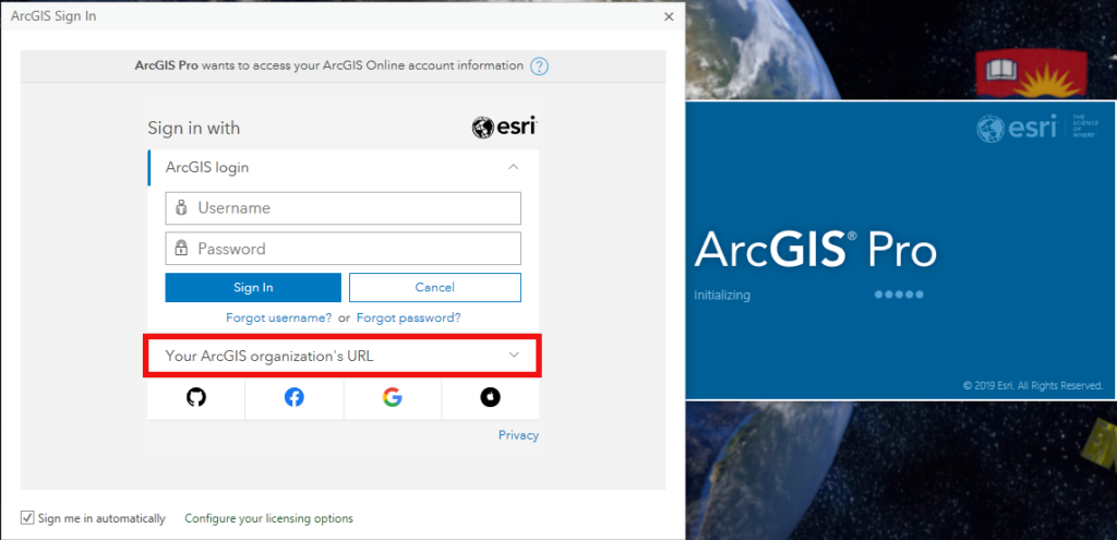 Highlights where to choose the Your ArcGIS organization URL when signing in.
