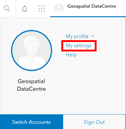 Screenshot of ArcGIS Online profile information highlighting the location of "my settings."