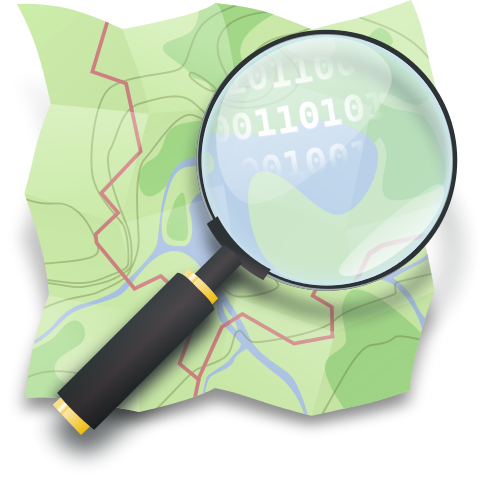 Official OpenStreetMap logo showing a magnifying glass hovering over a stylized map with binary digits within the lens.